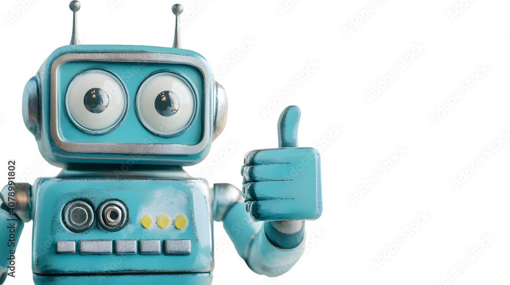 Poster friendly robot giving thumbs up isolated on transparent background