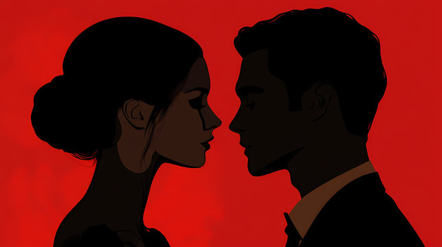 Design a sleek side profile of a couple in a romantic comedy. Romantic. Illustration