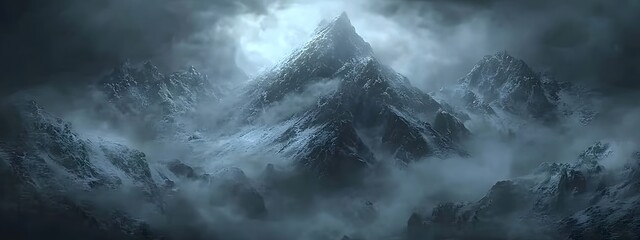 Obraz premium A dark and gloomy mountain range, covered in snow with mist swirling around it