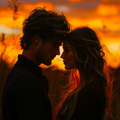 Silhouette of a couple in love at sunset, a man and woman gazing into each other's eyes, a romantic scene, a love concept,