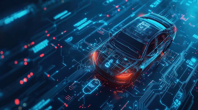Futuristic car with digital circuitry overlay. - Powered by Adobe