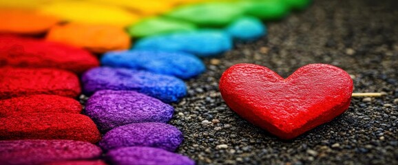 Red Heart Stone on Rainbow Pebble Path