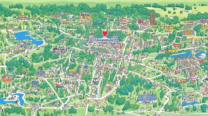 Fototapeta premium Illustrated map of an amusement park with attractions, rides, and a red heart marking the location.