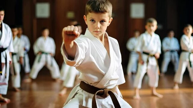 The boy demonstrates his karate technique and concentration, sports discipline