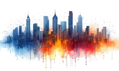 Fototapeta premium A city skyline with a red, orange, and blue gradient