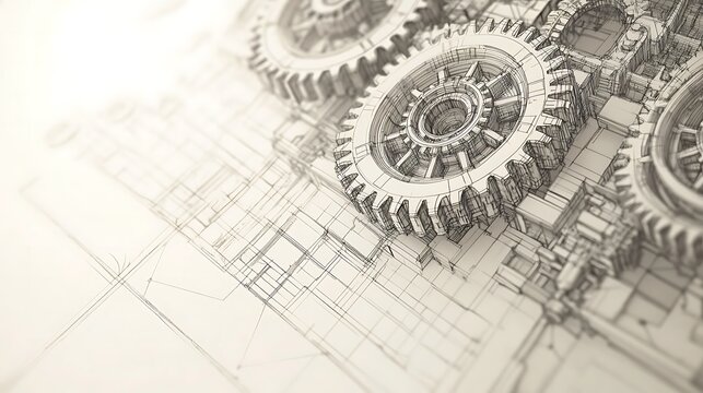 Metallic gears resting on a blueprint with a bright light shining from the top right corner.