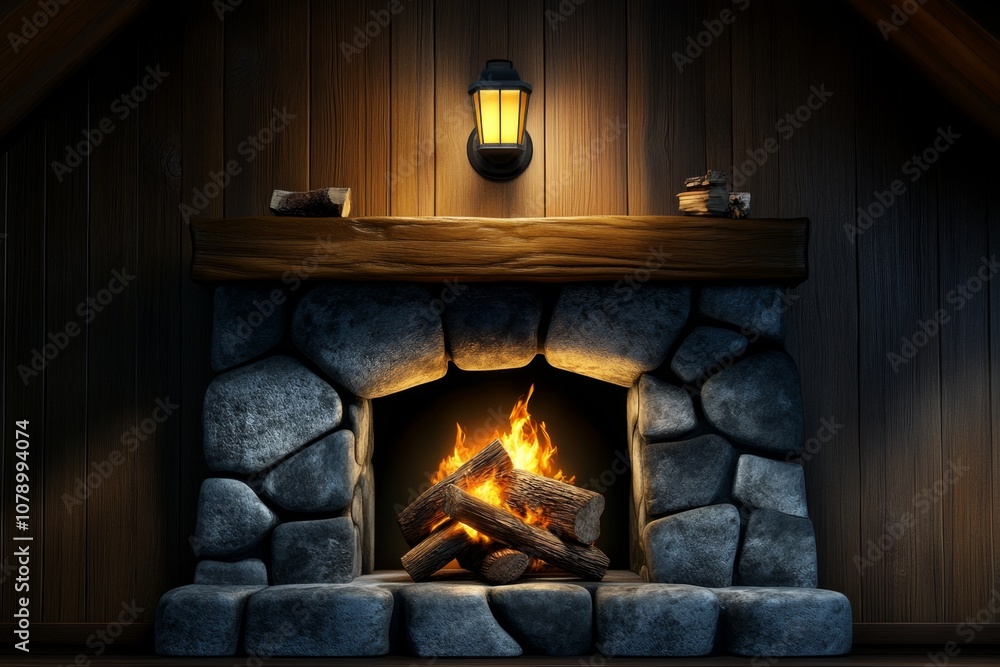 Poster A digital 3D illustration of a rustic cabin fireplace with logs and a flickering flame, creating a cozy feel
