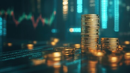 Gold coin stacks with upward trend financial graph