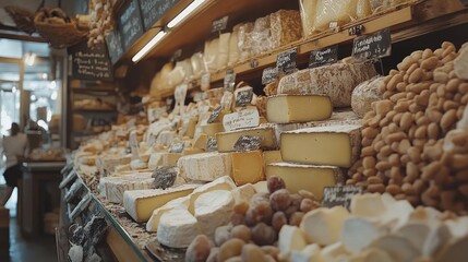 A variety of cheeses on display at a French cheese shop.