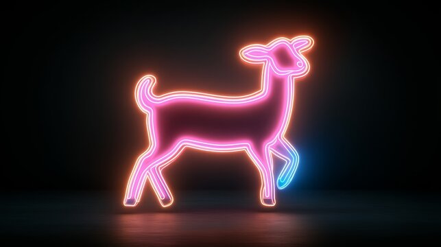 recommend clip art: A glowing neon outline of a playful young goat mid-jump, neon outlines highlighting hooves and ears, set against a dark farm-themed background, Photorealistic