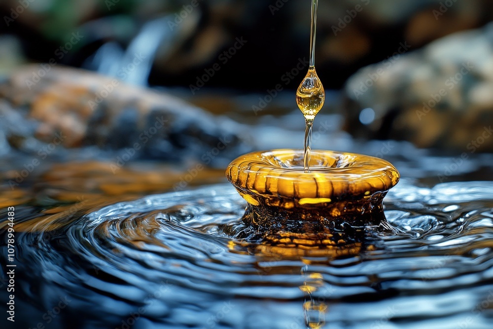 Poster a drop of oil falling from a pipette into water, creating ripples and smooth waves
