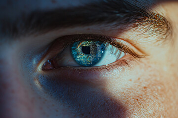 Close up of hacker eye observing digital code, showcasing intricate details and vibrant colors. eye reflects world of technology and information
