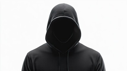 A mysterious figure in a black hoodie stands against a white background, creating an eerie and...