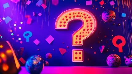 Fototapeta premium Neon question mark with colorful confetti and lights.