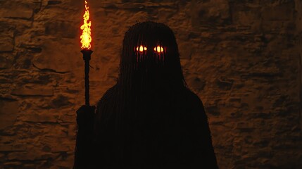 Enigmatic cloaked figure with glowing eyes holds a fiery torch against a stone wall in darkness.