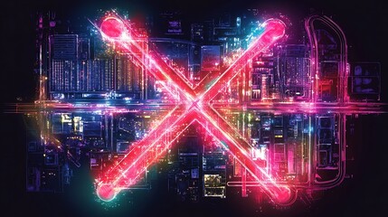 Fototapeta premium Neon X symbol over a city skyline at night.