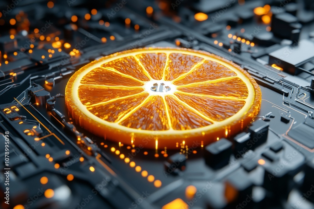 Poster a futuristic digital display of an orange slice with holographic elements, symbolizing food technolo