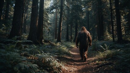 Photo of Bigfoot in a forest. Illustration of a Sasquatch from behind. Yeti in the woods