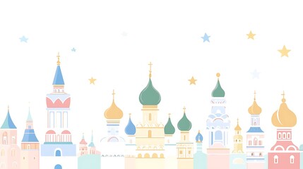 Pastel colored cityscape with domes and stars.
