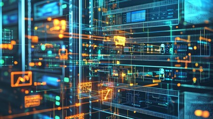 Fototapeta premium Abstract server room with glowing digital network lines and data processing information.