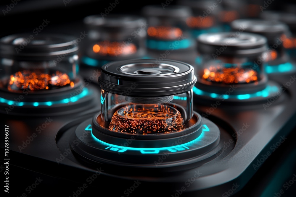 Poster a high-tech laboratory with glowing oil samples in digital containers, symbolizing futuristic scient