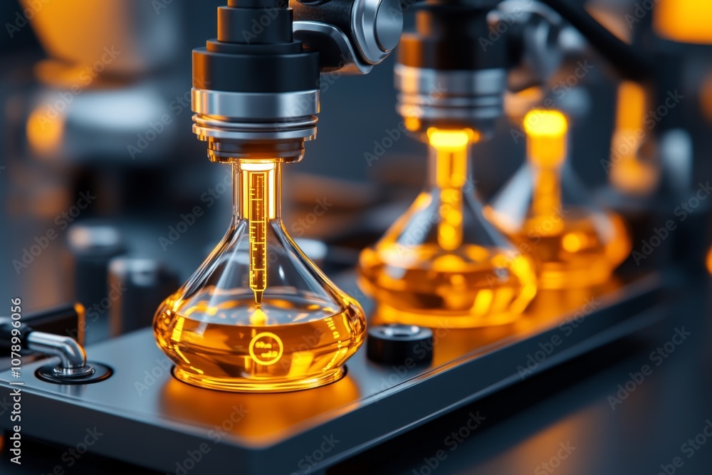 Poster a high-tech laboratory with glowing oil samples in digital containers, symbolizing futuristic scient