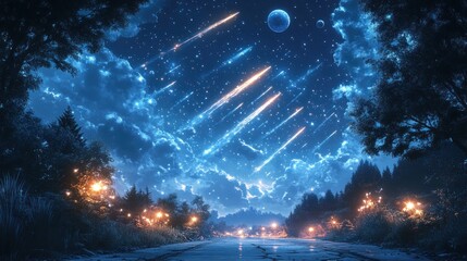 Fototapeta premium A serene night sky filled with shooting stars and planets.