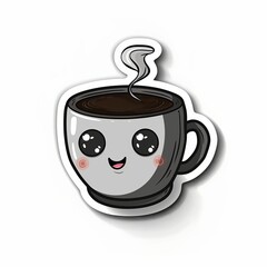 Kawaii Cute Coffee Cup Sticker with Happy Cartoon Character on White Background