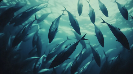 school of tuna swimming in deep ocean sea water