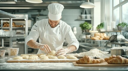 A pastry chef shaping dough for croissants inside a mold, soft light highlighting the texture of the dough and the surrounding kitchen equipment, Photorealistic