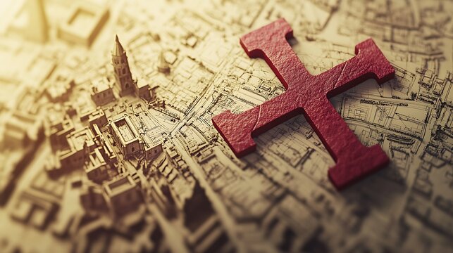 Red cross on an old map of a city.