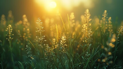 wild grass in the forest at sunset macro image shallow depth of field abstract summer nature background vintage filter, Ai Generated.