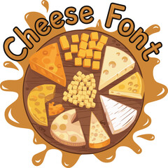 An illustration of a cheese board with various cheese textures. There are cheese dice and slices of different types of cheese, such as cheddar, gouda, brie, and camembert. 