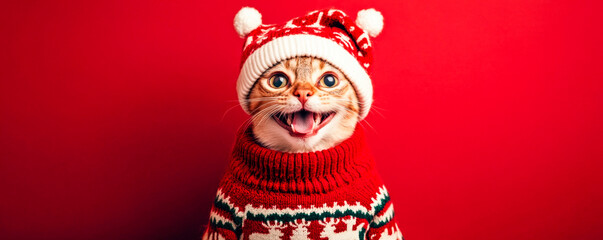Fototapeta premium A cat in a Christmas sweater and Christmas hat sitting on a red Christmas background with space for text, Merry Christmas and New Year concept