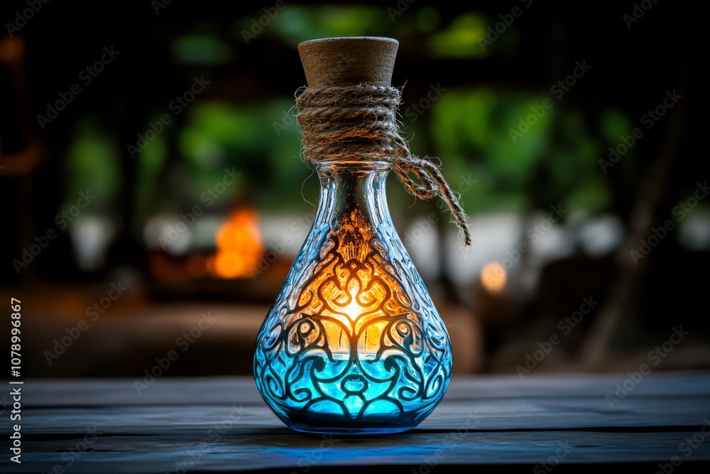 Poster a magical bottle of glowing oil with a mystical aura and enchanted labels, set in an alchemistâ€™s w