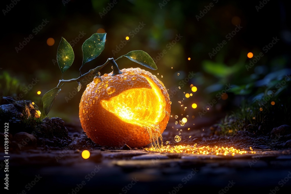 Poster a magical orange with glowing segments and sparkling juice, set in an enchanted forest