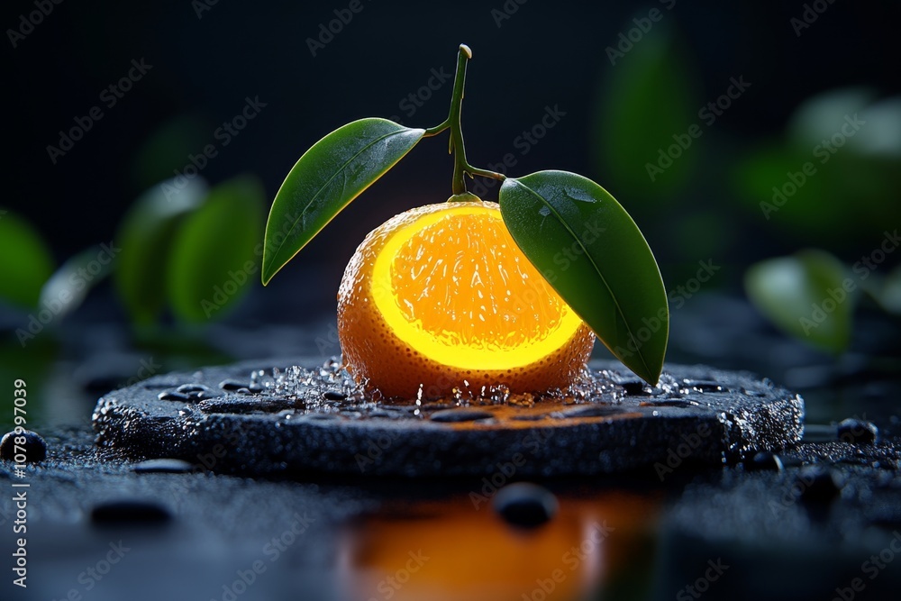 Poster a magical orange with glowing segments and sparkling juice, set in an enchanted forest