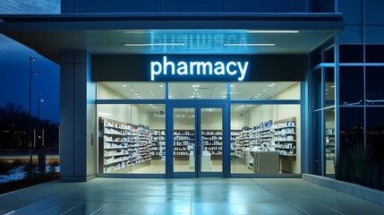 Modern pharmacy storefront at night with bright lights, Vintage-style pharmacy sign on urban storefront, Pharmacy entrance showcasing health services