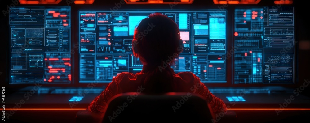 Poster a person sits in front of a futuristic control panel, illuminated by vibrant blue and orange lights,