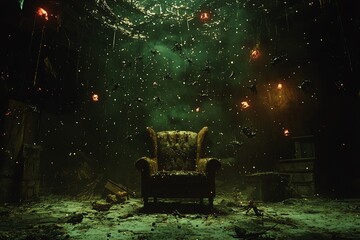 Vintage armchair in a dim, surreal room surrounded by glowing particles.