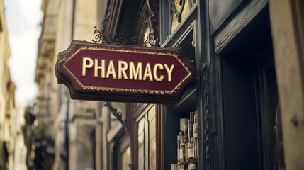 Modern pharmacy storefront at night with bright lights, Vintage-style pharmacy sign on urban storefront, Pharmacy entrance showcasing health services
