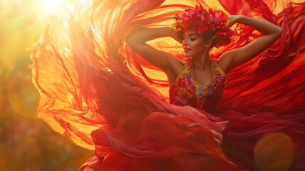 Woman Dancing in Flowing Red Fabric
