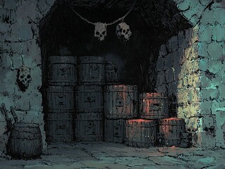 Mysterious cellar with skull decor and stacked wooden barrels.