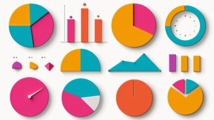 Colorful 3D charts and graphs isolated on white background.