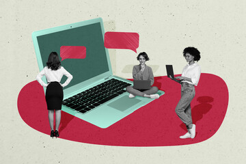 Composite trend artwork sketch collage of speech cloud chatting three young lady coworking huge laptop keyboard chatting office remote