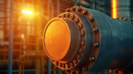 Close-up of an industrial pipe joint with bolts, illuminated by warm light, showcasing the textures and materials of heavy machinery in an industrial setting.