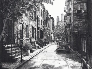 City street in style pen art neighborhood alleyway.