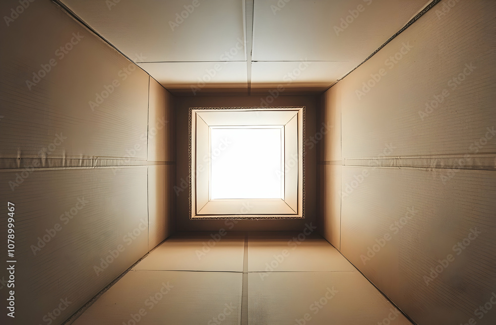 Poster inside view of a cardboard box with a bright light shining from above.
