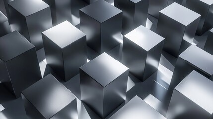 A minimalist 3D grid of sharp-edged cubes, varying in height and finished in matte gunmetal gray. The light casts long, soft shadows, enhancing the sleek atmosphere.