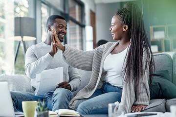 Home, black couple and high five with paperwork on sofa for finance, savings and loan application...